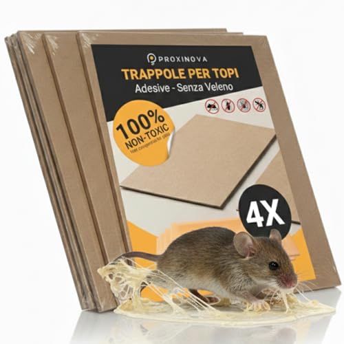 PROXINOVA Trappola per Topi per Casa con Colla Extra Forte - 4 Tavolette Adesive ad Alta Tenuta con Aroma Alimentare - Maxi Trappola per Topi Grandi Senza Veleno Uso Interno ed Esterno - Made in Italy