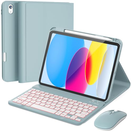 Image of RAYMCRAFT for iPad 11th (A16, 2025) / 10th Generation Case with Keyboard, Mouse and Detachable Wireless Keyboard, 7-Color Backlight, Slim Case with Pencil Holder, Slate Blue