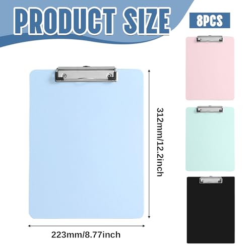 8 Stück Klemmbrett A4, 4 Farben A4 Klemmbretter mit Metallclip und Verstecktem Haken Kunststoff Clipboard Klemmbrettmappe für Papierkram, Zeichnungen, Speisekarten (31,5 x 22,5 cm)