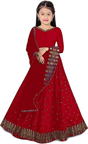 Indian Design Girl's Tafetta Sattin Semi-Stitched girl's Lehenga Choli_Red_3-4_Years_Meera