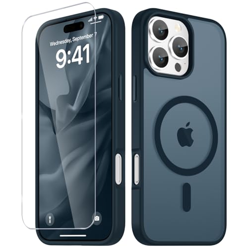 Image of YENAPOON for iPhone 16 Pro Max Case, Matte Magnetic Phone Cover [with 1 Screen Protector] [Support for MagSafe] [Shockproof Military Grade Protection] Translucent Frosted Back, Navy Blue