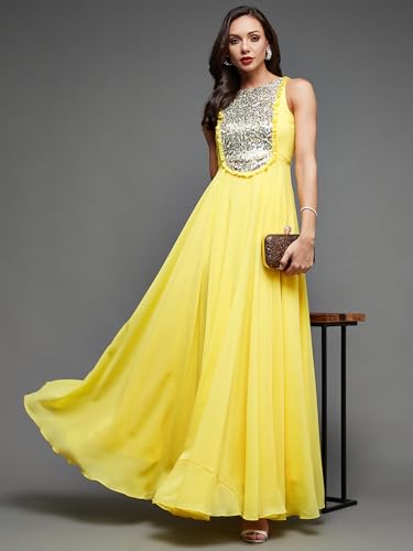 Image of Miss Chase Women's Round Neck Sleeve Embellished Fit Flare Maxi Dress