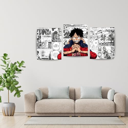 Image of ADRAIL STORE One Piece Anime Manga Poster, Luffy Character Design Wall Poster 3 Panal - A4 Size, 300 GSM, Wall Decor Posters Wall Art For Bedroom, Living room, Office, Dining Room,No Frame (Luffy)