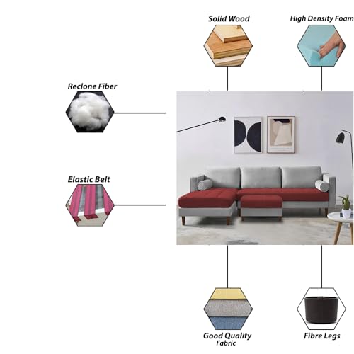 Image of Lezra LHS 4 Seater L Shape Sofa Set with Center Table for Living Room (Maroon Grey Fabric) Premium Fabric Sofa