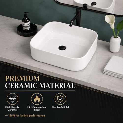 Image of QUALITO White Table Top Wash Basin for Bathroom, Living Room, Hall, Dinning Room | Countertop /Over Counter Ceramic Vessel Sink /Basin | Glossy Finish Table Top Wash Basin (White, 16x16x5 Inch)