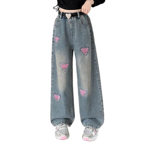 Kids Girls Baggy Jeans Elastic Waist Wide Leg Ripped Heart Jeans Casual Loose Denim Pants Kids Clothes
