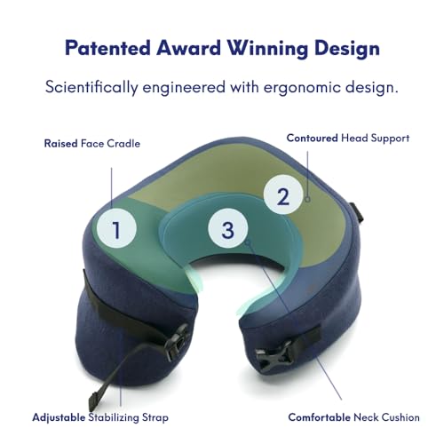 Image of C CUSHION LAB Travel Pillow, Award-Winning Patented Ergonomic Design for Chin & Neck Support Memory Foam Neck Pillow, Compact Airplane Pillow for Traveling, Flight, Car (Navy, Large)
