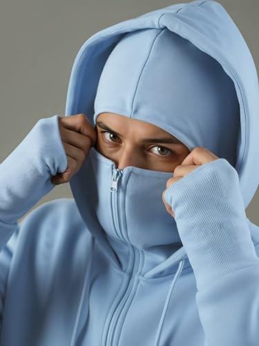 Image of ADRO Men Balaclava Hoodies | 320 GSM Soft Cotton Zipper Hoodie | Thumb-Hole Cuff Gloves | Travel Jacket with Hood | Winter Sweatshirt