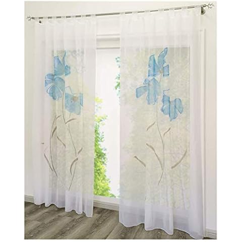 1 Panel Floral Pattern Tab Top Curtain Sheer Transparent Soft Window Voile Blue Flower Print Drapery Polyester WxH 150x225cm White Modern Decoration For Living Room Bedroom Kitchen Cover