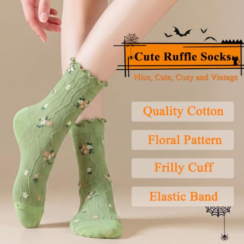 Image of Womens Ruffle Crew Socks Vintage Patterned Ankle Casual Fashion Dress Sock Cute Lettuce Floral Socks 5 /6 Pack
