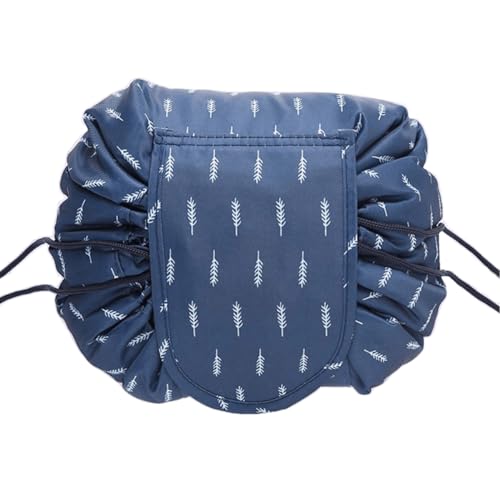 Image of Maharsh Women's Convenient and Waterproof Multifunction Portable Lazy Travel Cosmetic Storage Makeup Organizer Toiletry Bag with Drawstrings (Dark Blue Leaf)