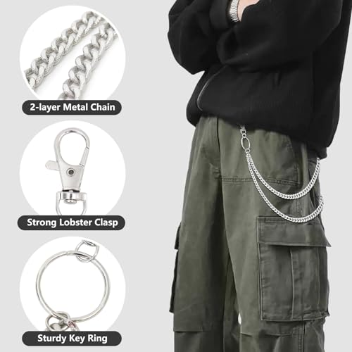 2 Pcs Pants Wallet Chains for Men Women Heavy Duty Jean Belt Pocket Chains with Lobster Clasp Hip Hop Goth Biker Style Metal Silver and Gold3
