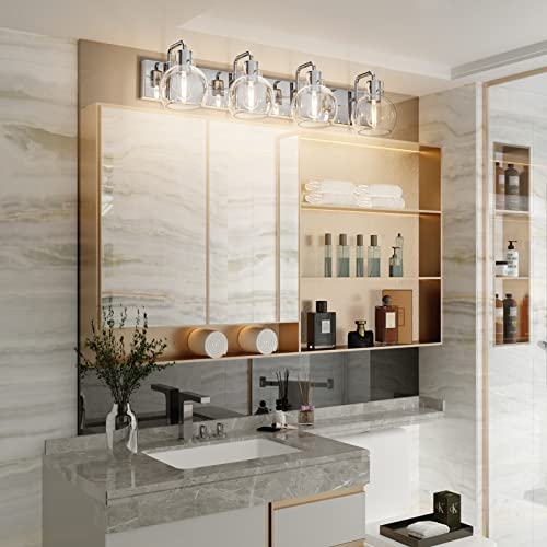 Image of Tipace Chrome Modern Bathroom Vanity Light Fixtures Over Mirror Glass Globe 4 Lights Stainless Steel Vanity Lights Farmhouse Bath Lighting(Exclude Bulb)