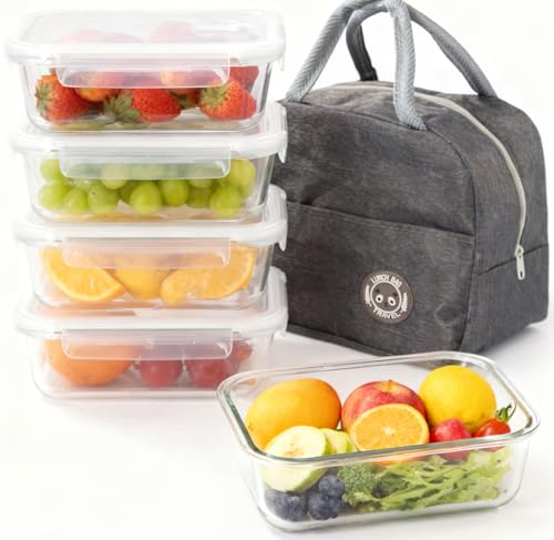 LPVS Lot de 5 Boîtes Conservation Alimentaire en Verre 1040 ml avec Couvercles Hermétiques -...