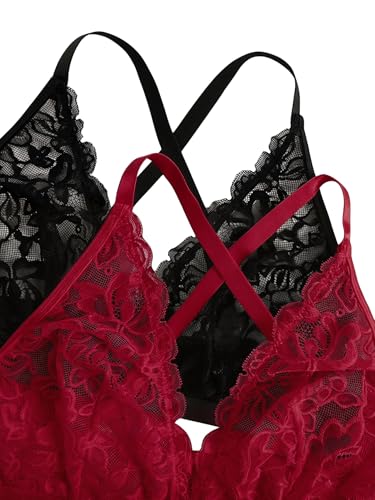 Image of MakeMeChic Women's Plus Size Lace Bralette Front Closure Bras Wireless Deep V Triangle Sexy Lace Bra