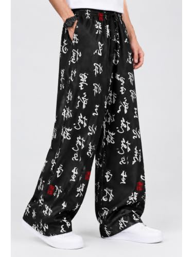 Image of Mens Boho Hippie Harem Pants | Black Printed Wide-Leg Trousers | Koren Streetwear Loose Baggy Fit Summer Lounge Yoga Lowers |Trouser Relaxed Fit for Men | Men Drawstring Pants