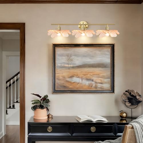 Image of 3 Light Bathroom Vanity Lighting, Gold Brass Wall Mount Light with Amber Flower Petal Glass Shade, Mid Century Vanity Lights Over Mirror for Living Room Hallway