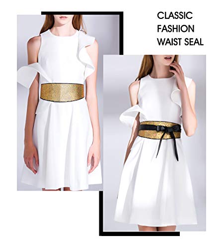 shengweiao Women's Sequin Faux Leather Self Tie Wrap Obi Waist Belt (Gold)4