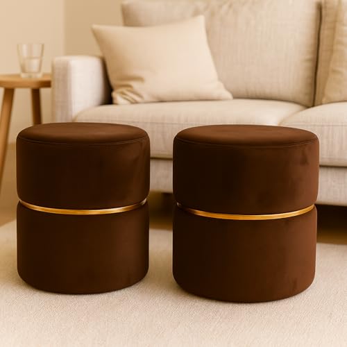 Image of JUMBO CRAFTS Wooden Puffy Stool for Living Room Round Footstool - Ottoman Stool for Living Room Furniture Round Ottoman - Sitting Pouffe Ottoman Stool /Room Dcor /Office Stool - (Set of 2 Brown)