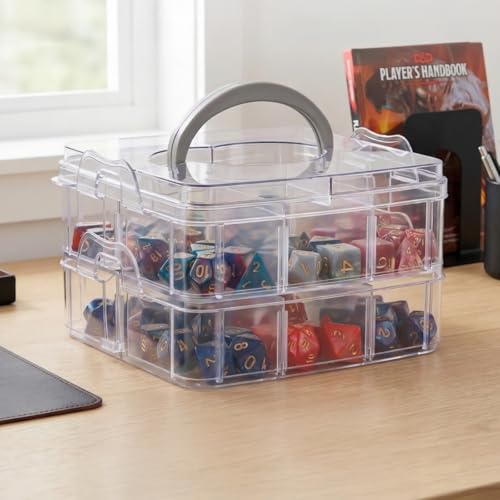 Image of PUGED DND Dice Storage Box with Removable Dividers Polyhedral Dice Plastic Organizer Holding Up To 900 Dices Craft Bead Compartment Container for Sewing, Jewelry, Art, DIY (2 layers) Box Only