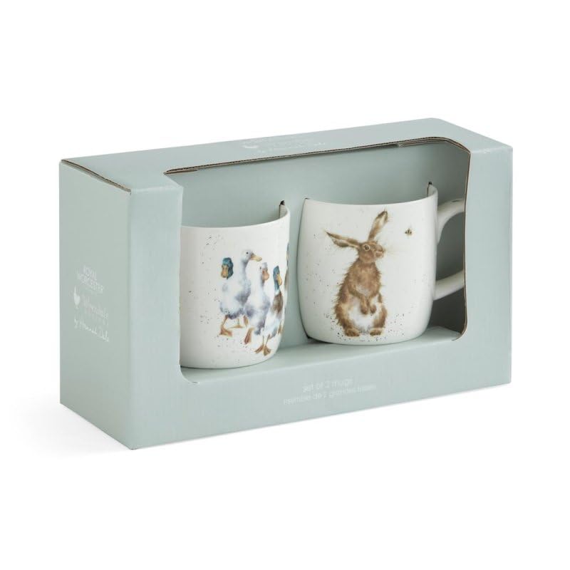 Royal Worcester Wrendale Deigns Hare & Bee and Quaackers 0.3 Litre Duck & Hare Design Ceramic Mug Set