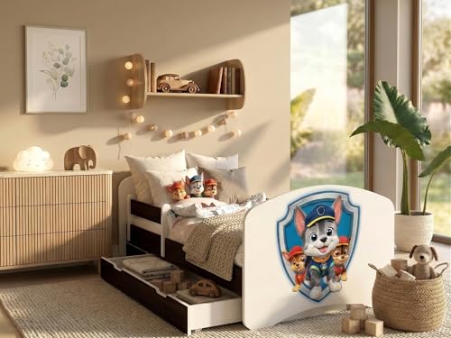 Happy Babies Kinderbett - Mit Matratze & Schublade und Rausfallschutz, 70x140, Mädchen Kinderbetten & Jugendbett Jungen Kids Bed, Jugendbett für Bodentief Ausziehbett Kleinkind, Lattenrost (Venge)