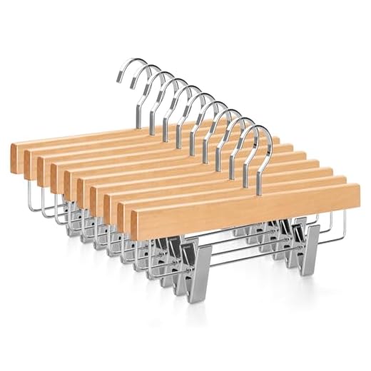 TOPIA HANGER 20-Pack Natural Wood Pant Hangers, Luxury Wooden Skirt Hangers, Glossy Finish with Extra Thick Chrome Hooks & Anti-Wrinkle Clips CT03N