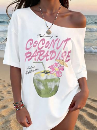 Image of SXV STYLE Women's Casual Letter Print Asymmetric Neck Loose Short Sleeve T-Shirt,