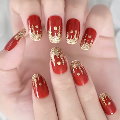 Melting Gold Shimmer, False Nails Medium Oval ECHIQ, Red Glossy Design Fake Nails, Unique French Acryl Press on Nails Kits, Jelly Glue Stickers, Easy to Apply Reusable for Women Girls Gift, 24 pcs Cover