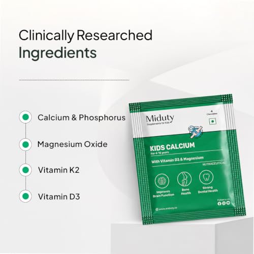Image of Miduty Kids Calcium - Vitamin D3, K2 & Magnesium - Chewables - Strong Bones & Teeth - Mint-Flavored, Sugar-Free Calcium Supplement for Active & Picky Eaters - 4 Chewables