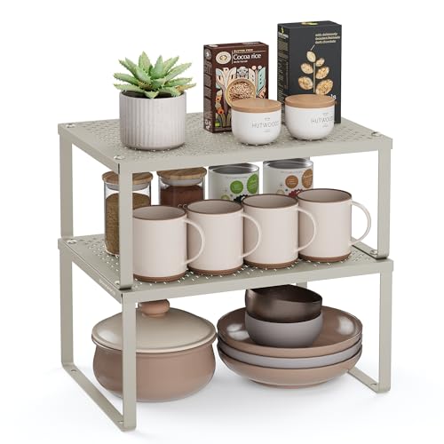 SONGMICS Spice Racks, Set of 2 Cupboard Organisers, Kitchen Storage, Stackable, Expandable, Metal Counter Shelves, Oatmeal Beige KCS001K01