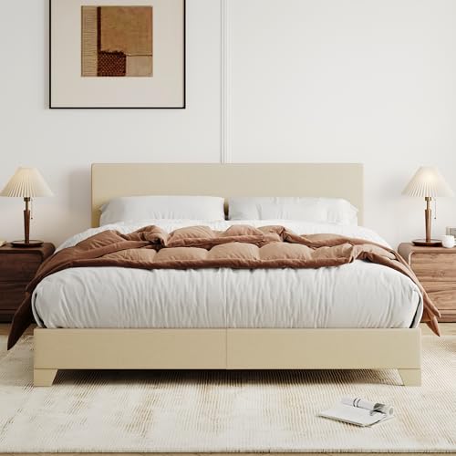 Allewie Queen Size Bed Frame with Adjustable Headboard, Upholstered Platform Bed with Wood Slats, Heavy Duty Mattress Foundation, No Box Spring Needed, Noise-Free, Easy Assembly, Beige