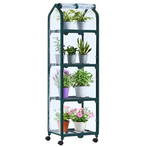 Ohuhu Mini invernadero de 4 niveles con ruedas para interiores y exteriores, invernadero portátil de plástico pequeño con cubierta duradera para plántulas, regalo ideal de jardinería para mujeres y