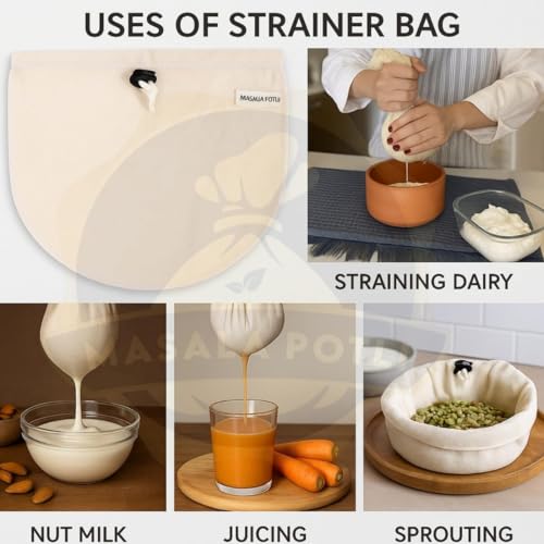 Image of Masala Potli Multipurpose Strainer Bag 100% Cotton Cheesecloth Yogurt Maker Nut Milk Bag Cold Brew Coffee Filter Hung Curd Cloth Reusable Eco-Friendly Kitchen Strainer (4)