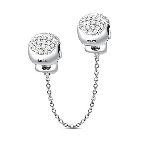 GNOCE Skull Safety Chain Charms 925 Sterling Silver Connection Chain Charms with Cubic Zirconia Balck Red Eyes Safety Chain Fit All Bracelet for Protect and Extend Your Bracelet (2Silver)2