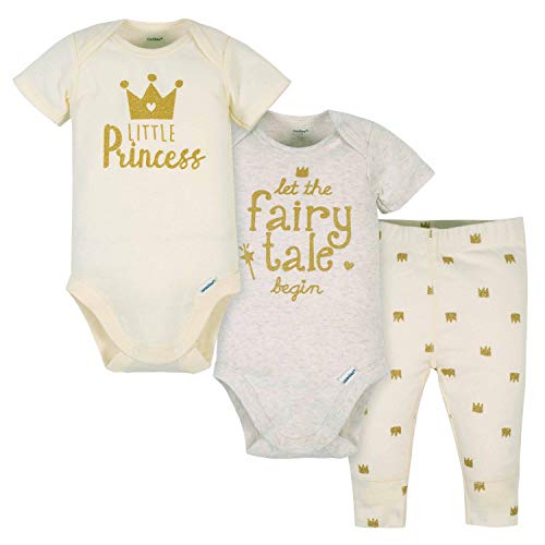 Gerber Baby Girls' 3-Piece Onesies Bodysuits and Pant Set, Grey Crowns, 3-6 Months