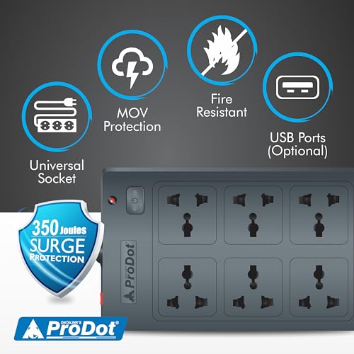 Image of Prodot 6 Universal Sockets Surge Protector with 2.5m Heavy-Duty Copper Cord | Up to 2500W (250V~10A) I 350 Joules Protection I Automatic Overload Protection I Shock-Proof ABS Body I Home & Office Use
