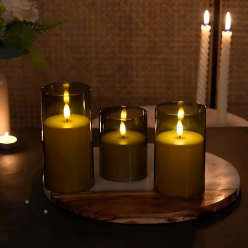 Image of Amazon Basics Flameless LED Candles with Remote Controller & Timer|Golden Acrylic Fiber Glass|Set of 3|(Smoked Grey), Unscented