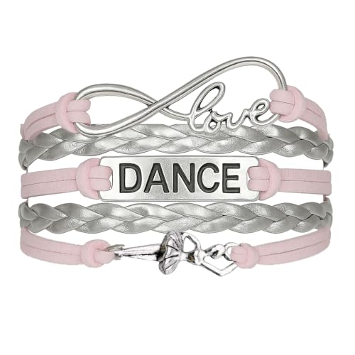Infinity Collection Dance Bracelet – Pink and Silver Adjustable Wrap Bracelet with Ballerina Charm – Dance Recital Gift, Birthday Present, Dance Jewelry for Dancers