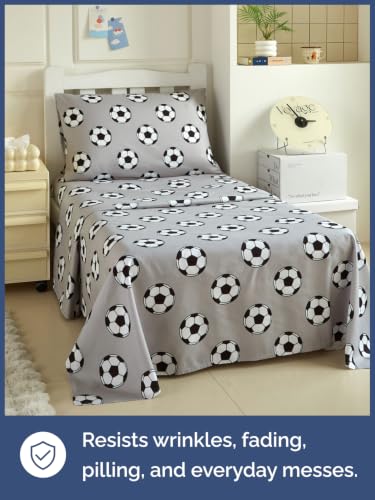Image of Kids Twin Size Soccer Bed Sheets - 3 Piece Kids Soccer Sheet Set - Athletic Sporty Bedding - Ultra-Soft, Cute & Cozy - Breathable & Machine Washable - Grey Bed Set for Boys, Girls, Teens & Toddlers