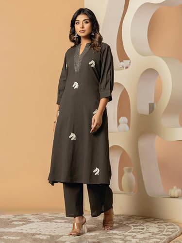 Image of INDO ERA Women's's Pure Cotton Embroidered Kurta Women | Floral Neck & Hem Embroidery | Cotton Kurta Women |