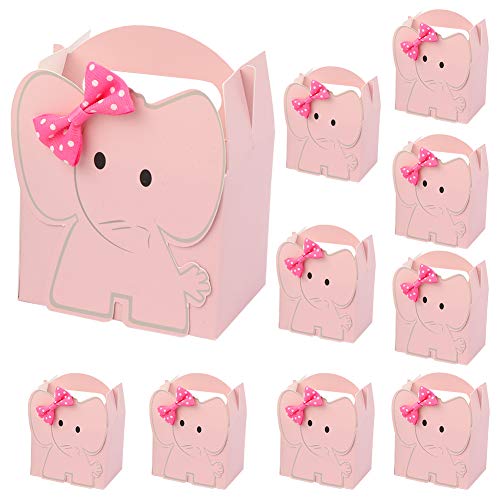 OurWarm 50pcs Cute Elephant Baby Shower Favor Boxes, 3D Large Baby Girl Gift Candy Boxes with Pink Bowtie for Baby Shower Party Supplies Baby Girls Birthday Decorations (Pink)