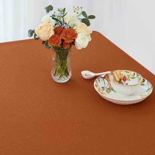 Image of maxmill Rectangle Weaved Design Tablecloth Waterproof Spillproof Wrinkle Free Fall Table Cloth, Kitchen Dining Room Thanksgiving Decoration, Fabric Table Cover Halloween Party, 52 x 70 Inch, Rust