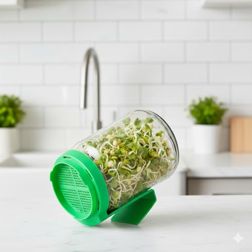 Image of Rellon Sprout Maker Glass Jar Seed Sprouting Kit, 2 Large Wide Mouth Mason Jars with Sprout Lids, Drain Tray, Sprouts Growing Kit for Seeds Dal Channa CholeOrganic Sprouting Jar(750Ml) (PACK OF 1)
