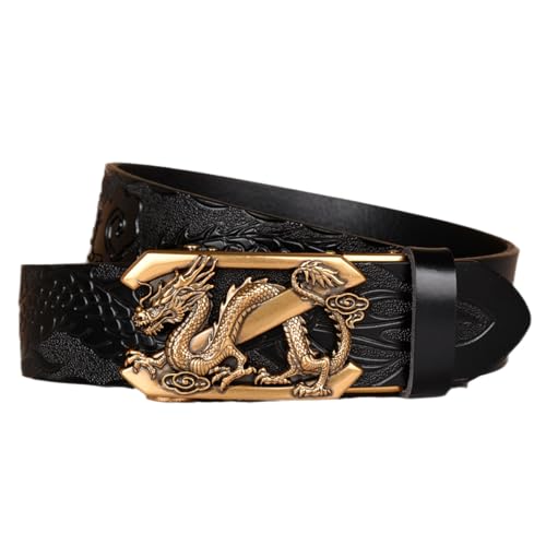 Men's Ratchet Belt With Gold 3D Dragon Buckle - Engraved Pattern, Adjustable Click Design - Main Image