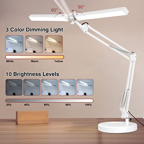 2-In-1 Led Desk Lamp, Architect Light For Home Office, Dual Head Swing Arm Desk Lamps With Base, 24W Clamp On Desk Lamps White, 3 Color Modes 10 Brightness For Workbench, Reading, Studio 1200Lm #TOP5