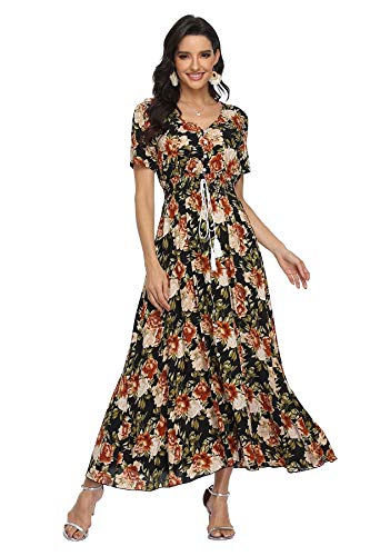 Image of VintageClothing Women's Floral Maxi Dresses Boho Button Up Split Summer Casual Long Dress Beach Party Dress