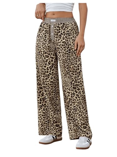 Floerns Women's Plaid Elastic Waist Straight Leg Trousers Leopard Print Pants