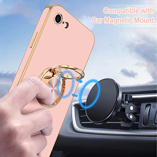 Image of Hython Case for iPhone SE 2022, iPhone SE 2020, iPhone 7 Case, iPhone 8 Case with Ring Holder Stand Magnetic Kickstand, Plating Rose Gold Soft TPU Bumper Camera Protection Shockproof Phone Cases-Pink