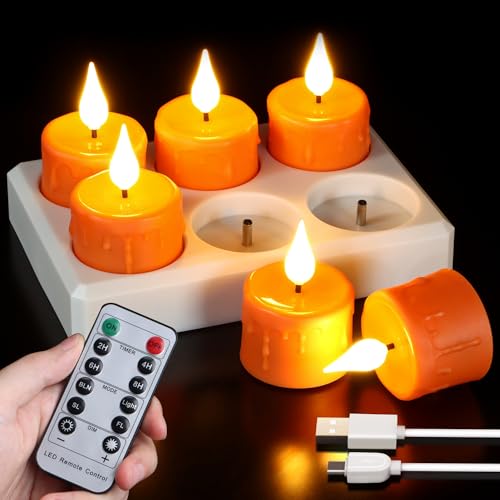 Sanmli 6 Pack Orange LED Tea Lights Rechargeable with Remote Control and Timer, Flickering Warm White Light, Flameless Candles with Charging Station and USB Cable
